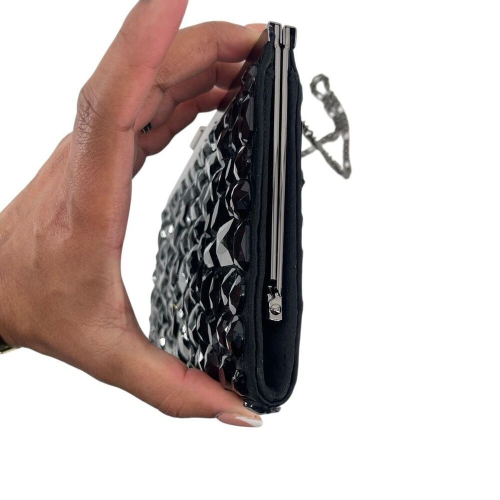 White House Black Market Black Faceted Beaded Evening Clutch Hard Case - Picture 3 of 11